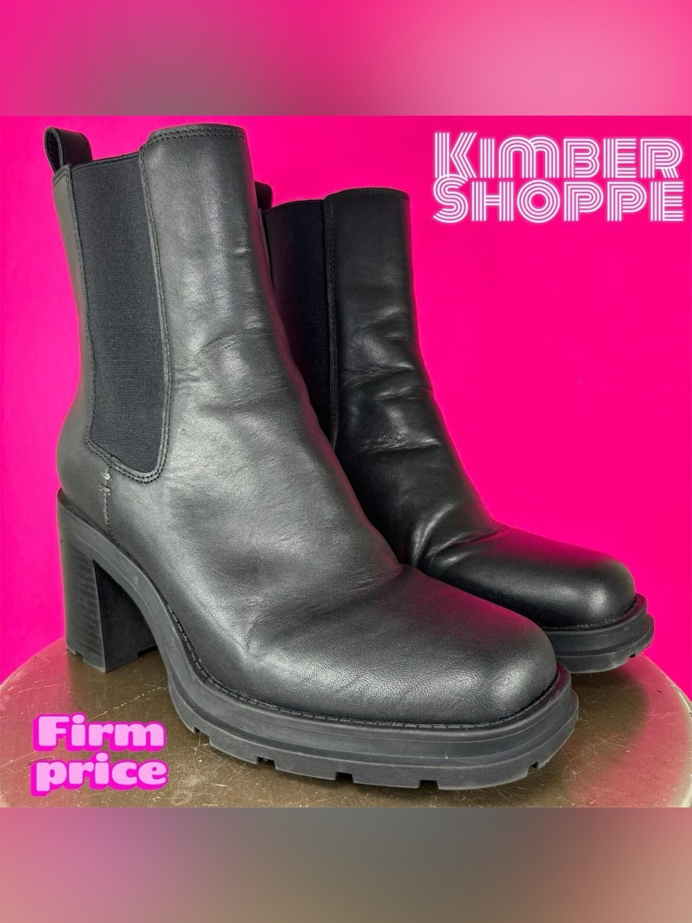 Crown Vintage Oilana Black Leather Square To Heeled Chelsea Boot US 7.5 EU 38